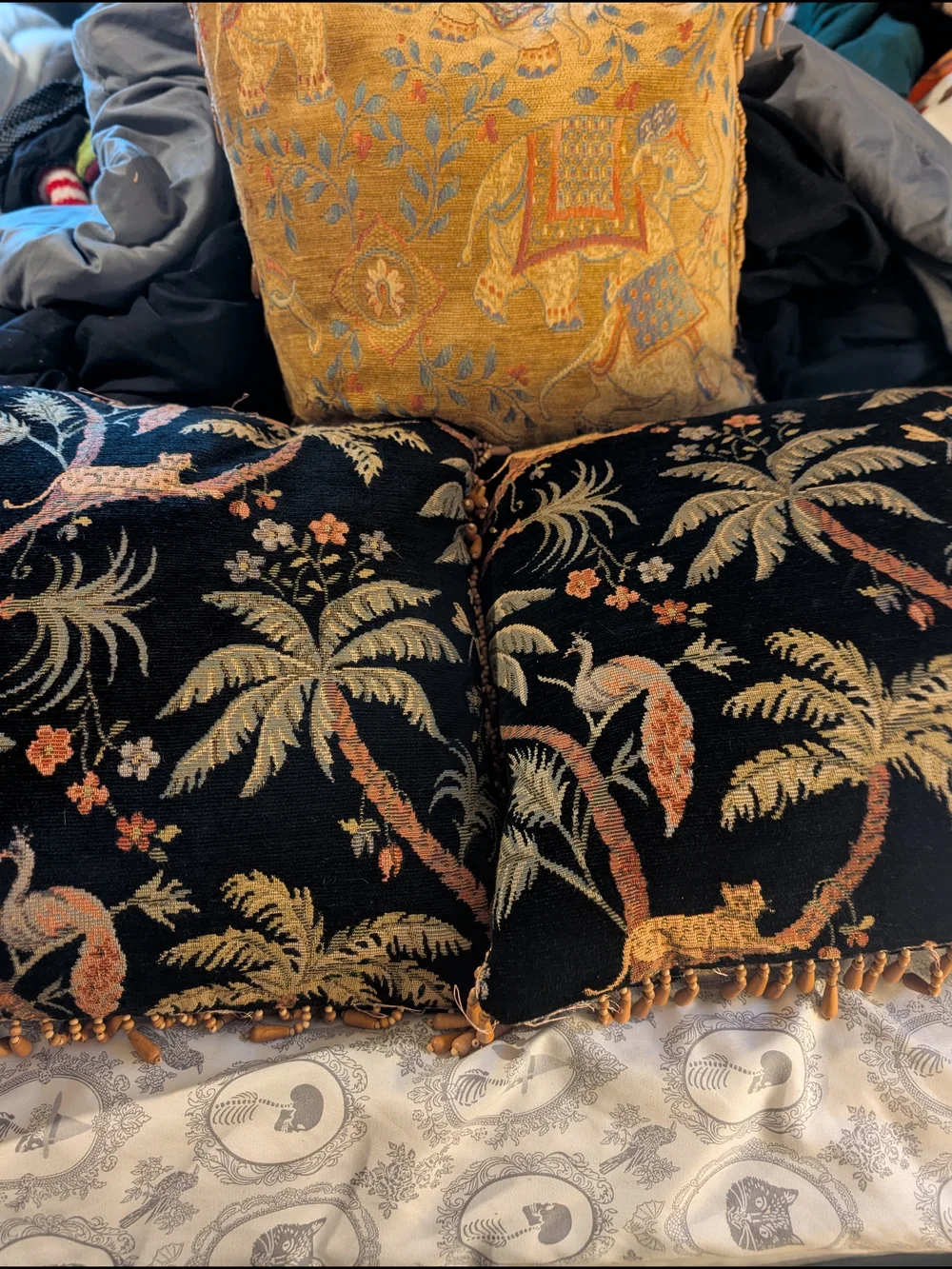 Vintage 90's Tapestry Pillows Woven Jacquard Wooden Beaded Trim Set Of 2